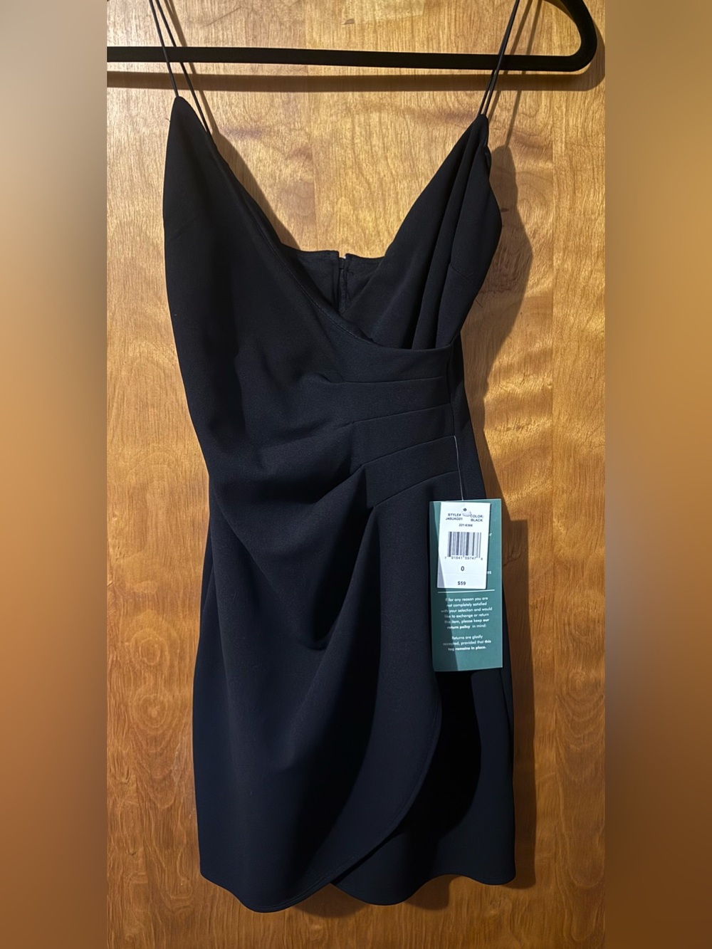 B. Smart Black Cocktail Dress NWT Size 0 Draped Cowl Neck Spaghetti Strap Mini